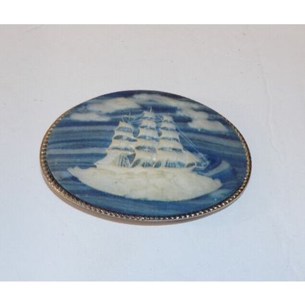 Genuine Incolay Belt Buckle Carved Stone Nautical Clipper Ship 4 Inch