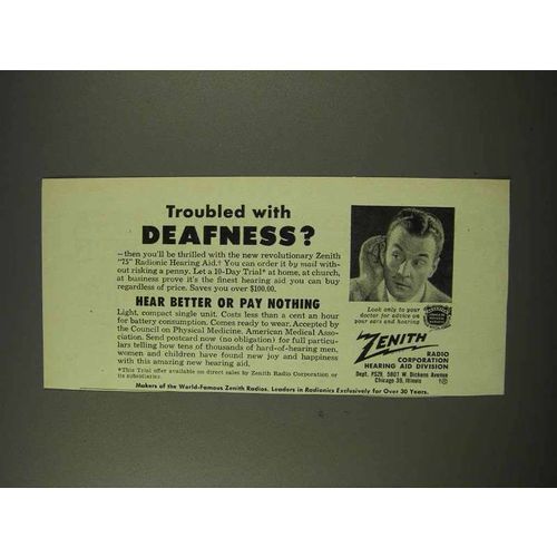 1949 Zenith 75 Radionic Hearing Aid Ad - Deafness