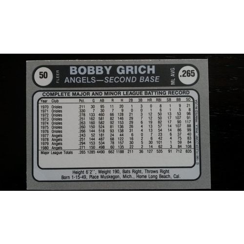 1981 Fleer Star Sticker Card # 050 Bobby Grich Excellent (5) California Angels
