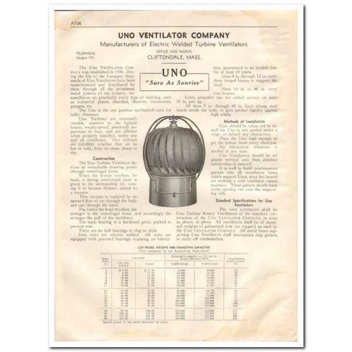 UNO VENTILATOR COMPANY 1933 electric weld turbine vent vintage catalog