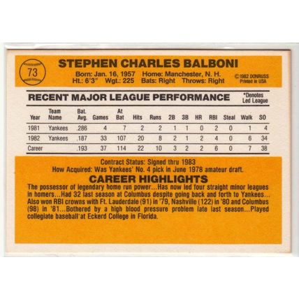1983 Donruss baseball card 73 Steve Balboni