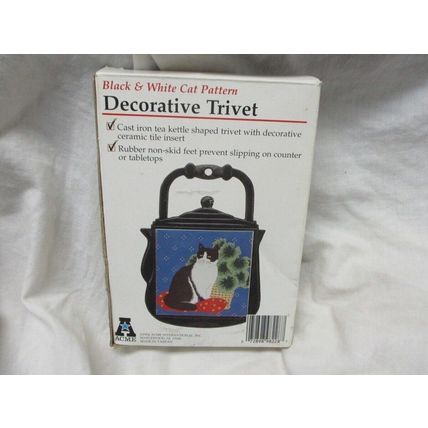 Vintage Black & White Cat Pattern Decorative Cast Iron Tea Kettle Shape Trivet
