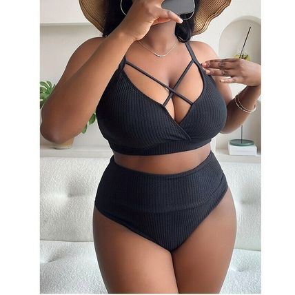 New Sexy Plus Solid Size Color Halter High Waist Bikini Swimsuit