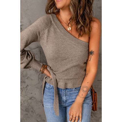 Khaki Tie Knot One Shoulder Knitted Sweater