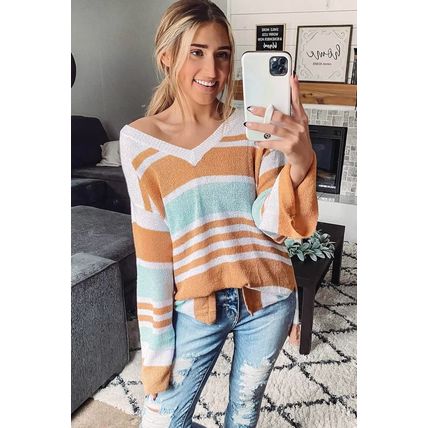 Multicolor Colorblock Stripe Long Sleeve Split Sweater