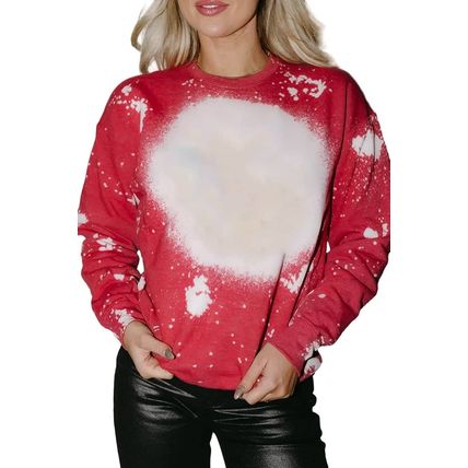 Fiery Red Bleached Tie-dye Print Crew Neck Long Sleeve Top