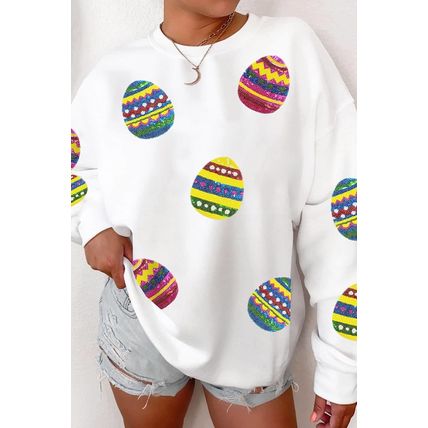 Beige Eater Egg Sequin Patched Crew Neck Sweatshirt