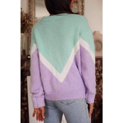 Green Chevron Colorblock Ribbed Knit Drop Shoulder Sweater