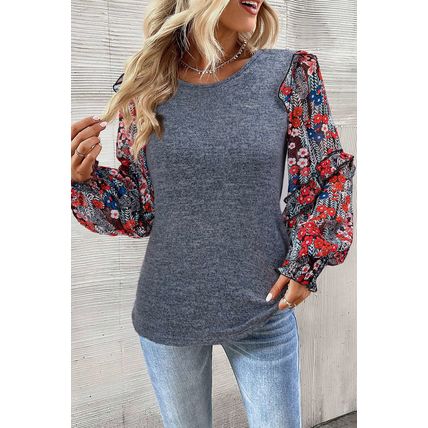 Blue Ruffle Tiered Floral Sleeve Crew Neck Blouse