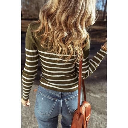 Green Stripe Ribbed Knit Henley Buttons Slim Fit Sweater