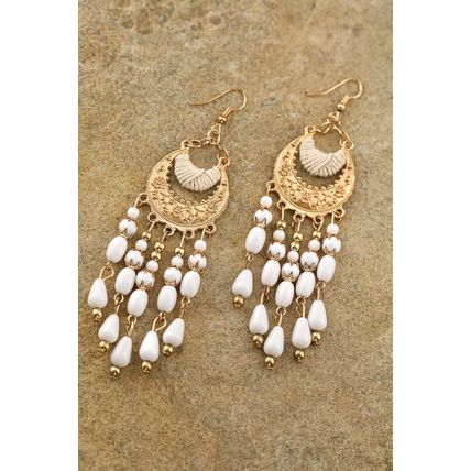 White Boho Beaded Tassel Alloy Charm Earrings