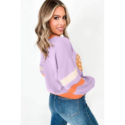 Orchid Bouquet Halloween Floral Pumpkin Color Block V Neck Sweatshirt