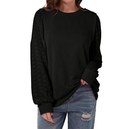 Black Textured Patchwork Round Neck Sweatshirt