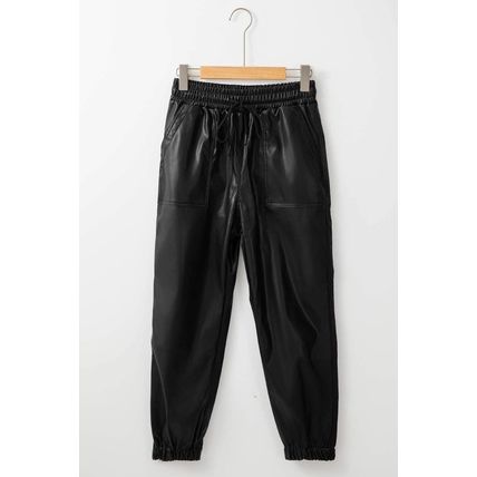 Black Faux Leather Ankle Smocked Waist Drawstring Joggers
