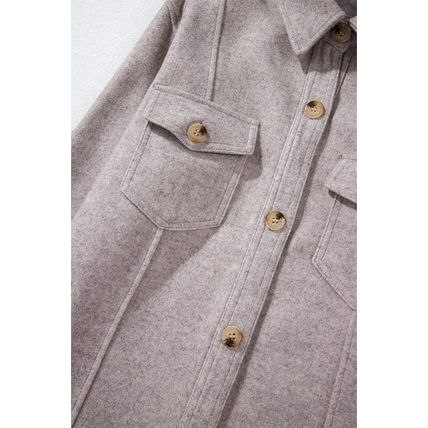 Light Grey Turn Down Collar Flap Pockets Buttoned Shacket