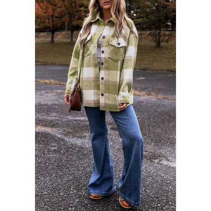 Sage Green Plaid Print Buttoned Flap Pockets Baggy Shacket
