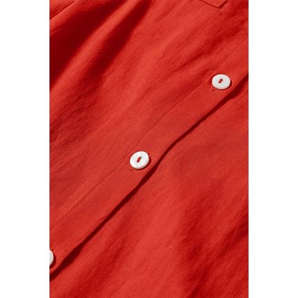 Tomato Red Bishop Sleeve Button Up Pleated Mini Shirt Dress