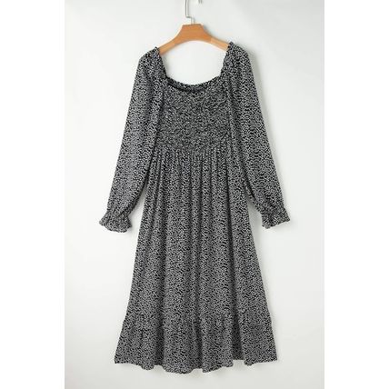 Black Floral Printed Long Sleeve Square Neck Midi Dress