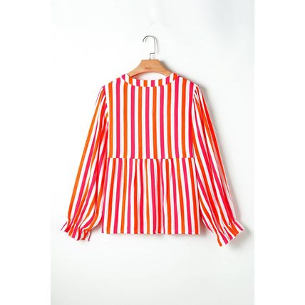 Orange Stripe Balloon Sleeve Notched V Neck Buttoned Front Blouse