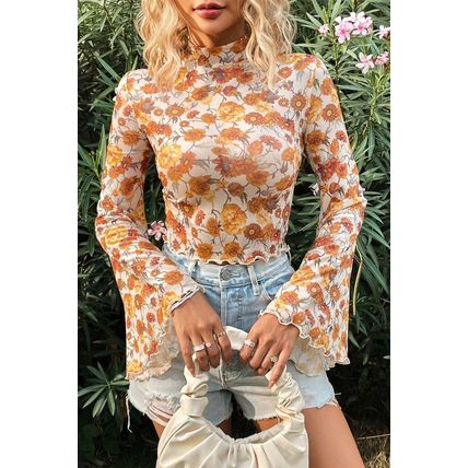 Orange Floral Printed Bell Sleeve Mock Neck Scallop Trim Blouse