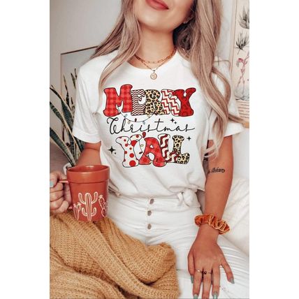 White MERRY Christmas YAll Graphic Crewneck T Shirt