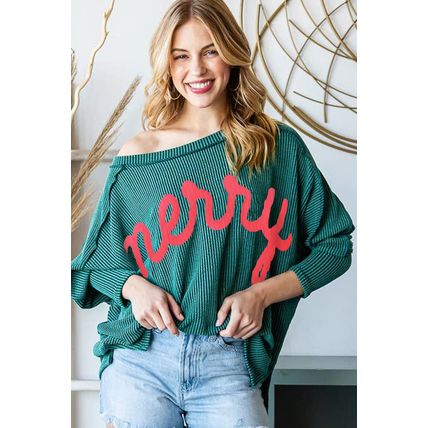 Skobeloff Merry Graphic Corded Batwing Sleeve Knit Top