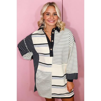 Black Stripe Colorblock Knit Henley Collar Shift Long Sleeve Mini Dress