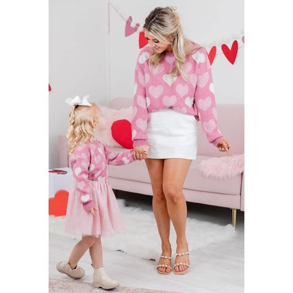 Pink Pearled Heart Print Valentines Crew Neck Sweater