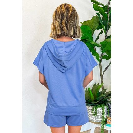 Sky Blue Casual Zipped Short Sleeve Hoodie and Shorts Set