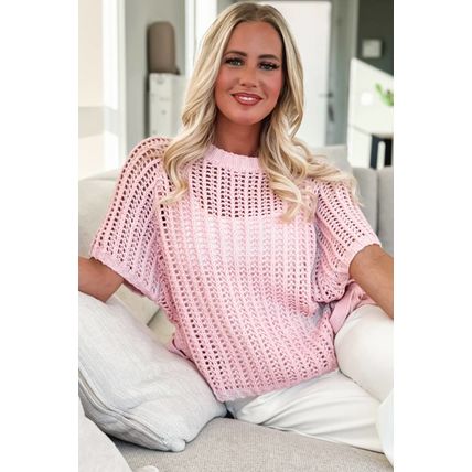 Pink Hollow-out Crochet Side Tied Short Sleeve Sweater