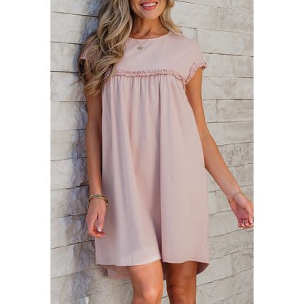 Oatmeal Frilled Trim Crew Neck Loose Fit Mini Dress