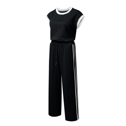 Black Cable Knit Contrast Trim Short Sleeve Top and Pants Set