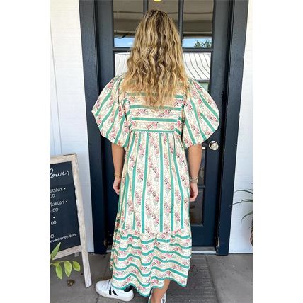 Multicolour Striped Floral Print Tie Split Neck Puff Sleeve Midi Dress
