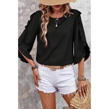 Black Ruffle Trimmed 3/4 Sleeve Round Neck Blouse