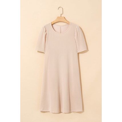 Parchment Corded Knit Crew Neck Puff Sleeve Shift Mini Dress