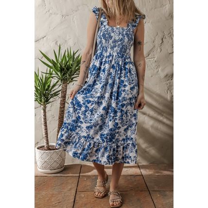 Blue Floral Ruffle Strap Square Neck Smocked Bodice Midi Dress