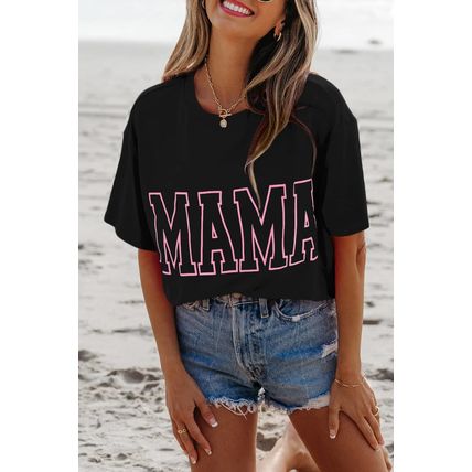 Black MAMA Letter Graphic Neon T Shirt