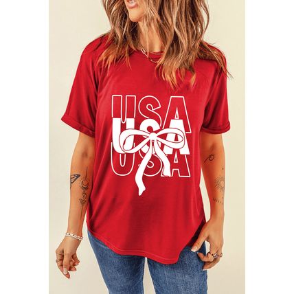 Red USA Bow Printed Casual Cotton Blend T Shirt