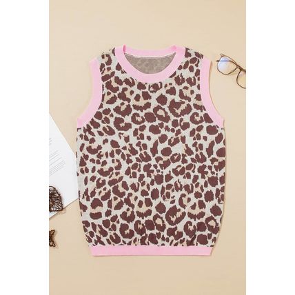 Brown Leopard Pattern Contrast Ribbed Trim Sweater Vest