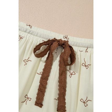 White Bow Print Lace Drawstring Casual Shorts