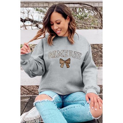 Gray GAME DAY Rugby Bow Embroidered Casual Sweatshirt