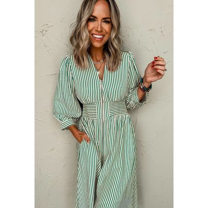 Green Stripe V Neck Zip Front Cinched High Waist Midi Dress
