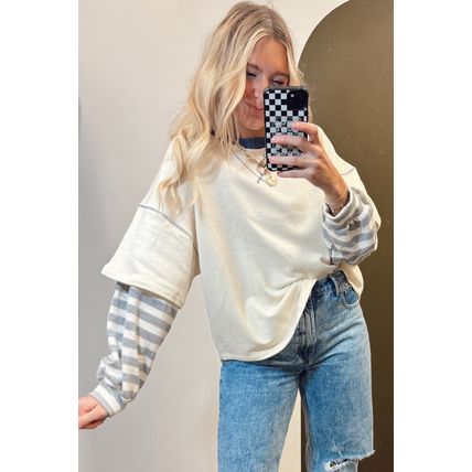 Beige Striped Patchwork Long Sleeve Round Neck Two-in-one Top