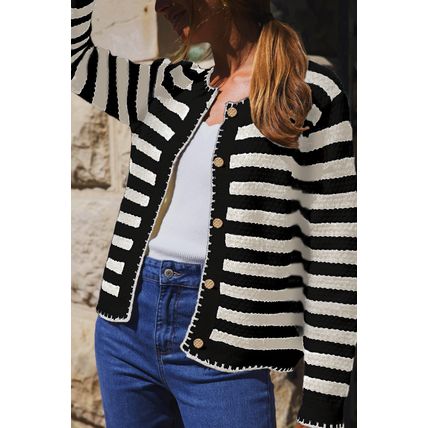 White Stripe Chic Golden Button Cardigan Sweater