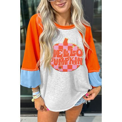 Light Grey HELLO PUMPKIN Patched Graphic Colorblock Bubble Sleeve Raglan Top
