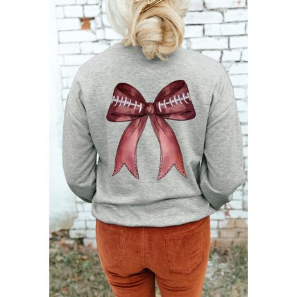 Gray Football Bow Print Drop Shoulder Pullover Sweatshirt