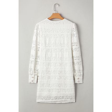 White Lace Crochet Round Neck Puff Sleeve Shift Mini Dress