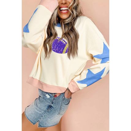 Beige Sequin Rugby Graphic Starry Patched Contrast Trim Game Day Sweatshirt