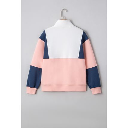 Pink Colorblock Patchwork Half Button Baggy Sweatshirt