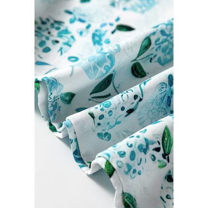 Sky Blue Floral Print Frilled Trim Tie Neck Elastic Cuffs Long Sleeve Blouse